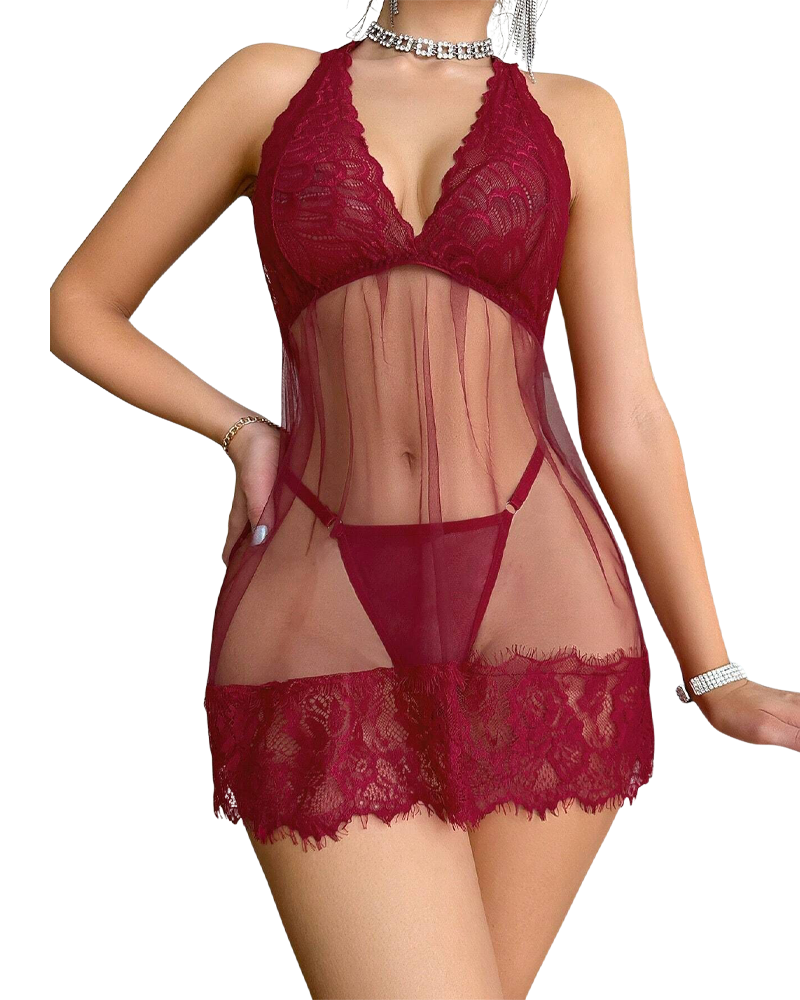 Florine - Koronkowa sukienka babydoll z ramiączkami i stringami