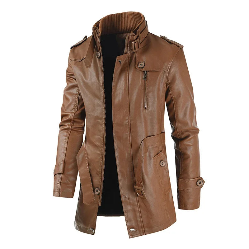 Miłogost - Elegancka, długa skórzana kurtka motocyklowa