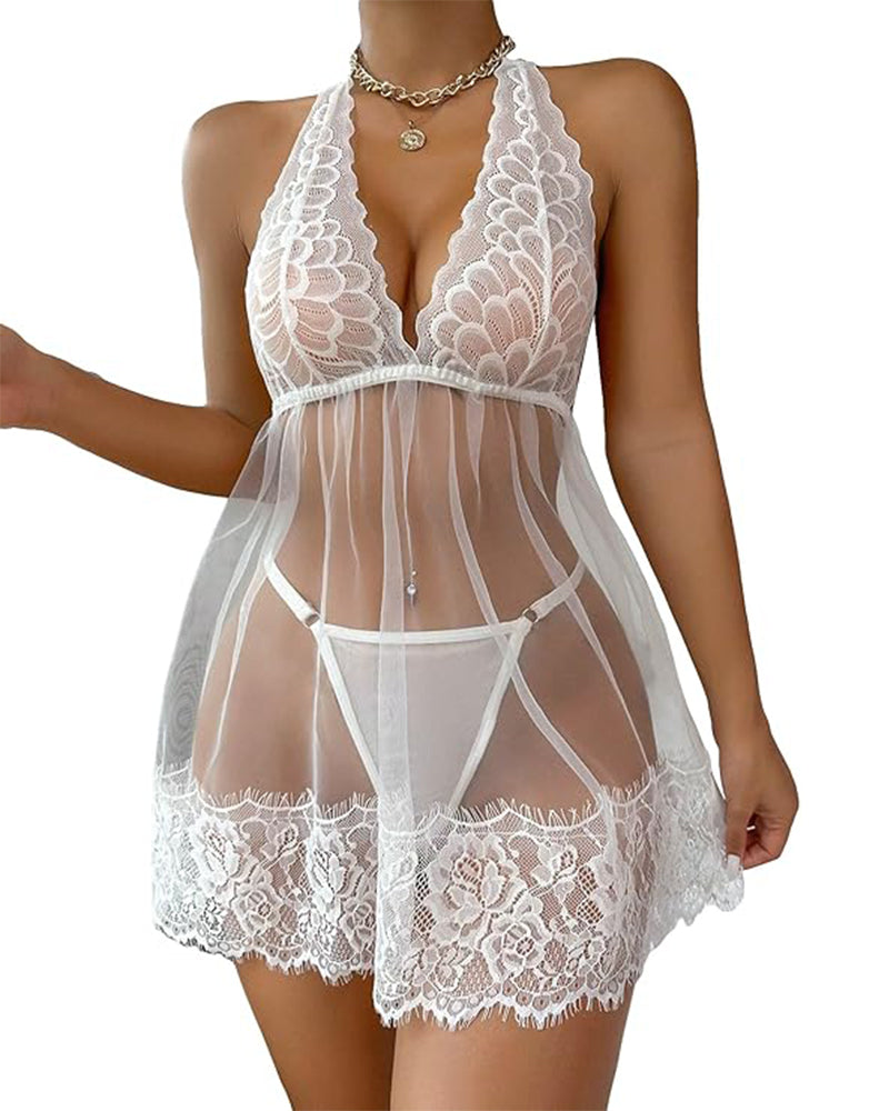Florine - Koronkowa sukienka babydoll z ramiączkami i stringami