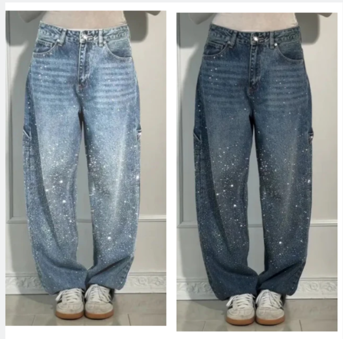 Damskie dżinsy z ozdobami z cyrkonii – Luźne, wygodne spodnie na co dzień i na wolny czas ✨👖