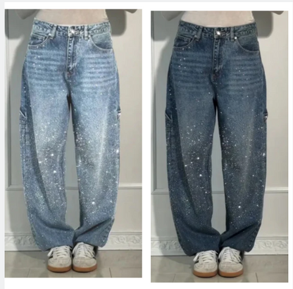 Damskie dżinsy z ozdobami z cyrkonii – Luźne, wygodne spodnie na co dzień i na wolny czas ✨👖