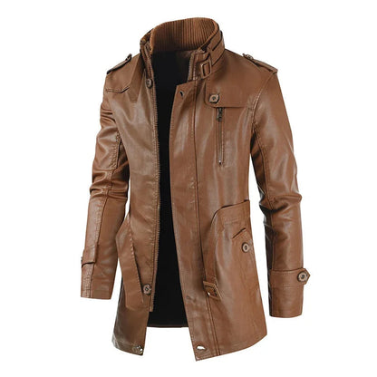 Miłogost - Elegancka, długa skórzana kurtka motocyklowa