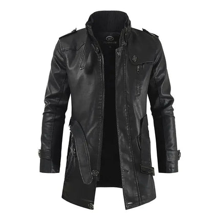 Miłogost - Elegancka, długa skórzana kurtka motocyklowa
