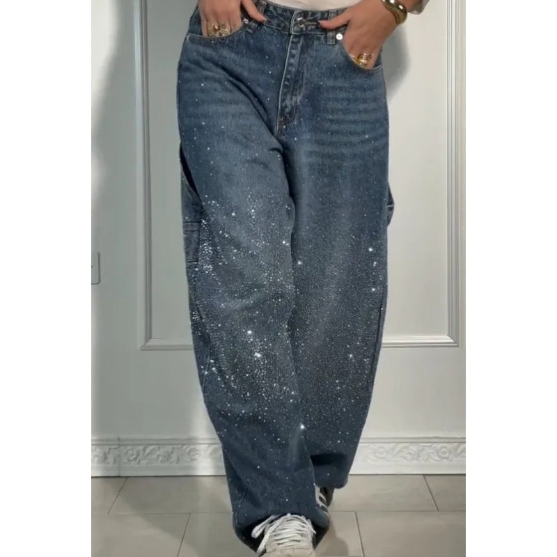 Damskie dżinsy z ozdobami z cyrkonii – Luźne, wygodne spodnie na co dzień i na wolny czas ✨👖