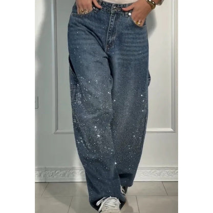 Damskie dżinsy z ozdobami z cyrkonii – Luźne, wygodne spodnie na co dzień i na wolny czas ✨👖