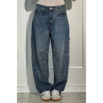 Damskie dżinsy z ozdobami z cyrkonii – Luźne, wygodne spodnie na co dzień i na wolny czas ✨👖