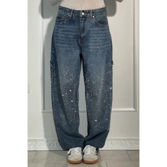 Damskie dżinsy z ozdobami z cyrkonii – Luźne, wygodne spodnie na co dzień i na wolny czas ✨👖