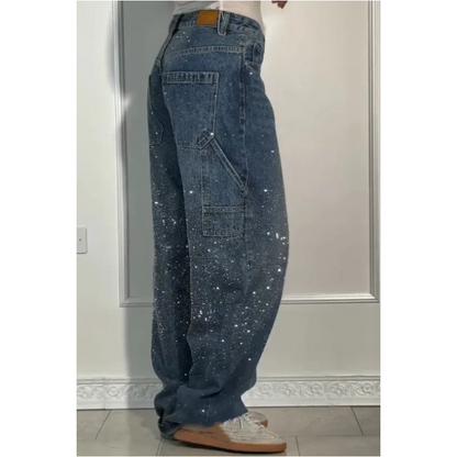 Damskie dżinsy z ozdobami z cyrkonii – Luźne, wygodne spodnie na co dzień i na wolny czas ✨👖
