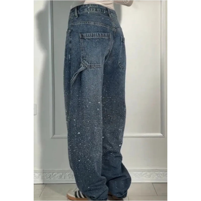 Damskie dżinsy z ozdobami z cyrkonii – Luźne, wygodne spodnie na co dzień i na wolny czas ✨👖